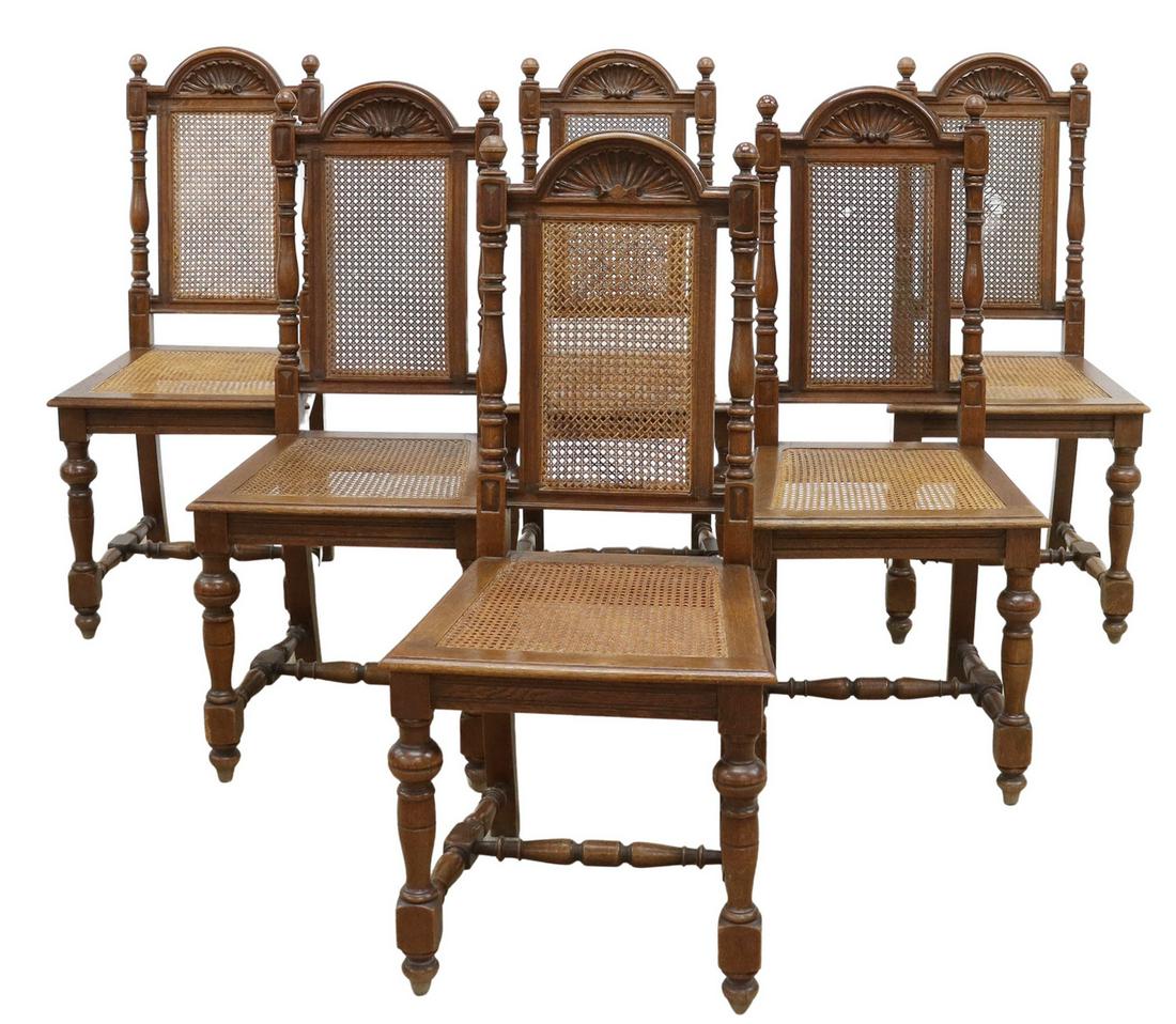 (6) FRENCH HENRI II STYLE OAK CANE CHAIRS, 19TH C. (1 of 2)