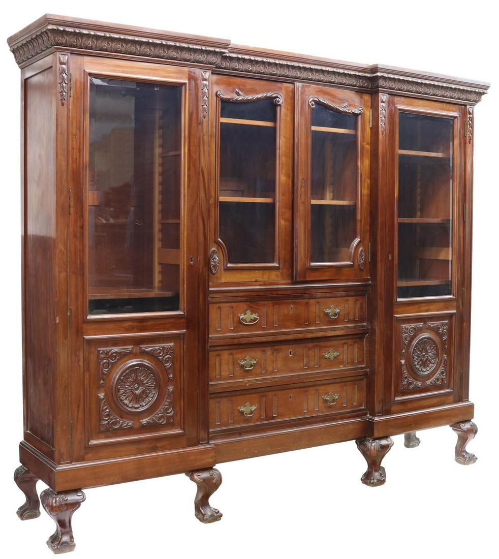 SPANISH CARVED MAHOGANY LIBRARY BOOKCASE, 90"W (1 of 4)