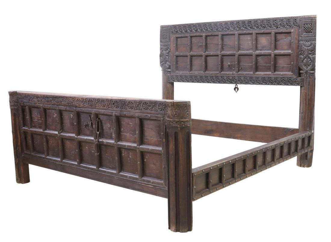 LARGE FOLIATE CARVED & PANELED HARDWOOD BED, INDIA (1 of 2)