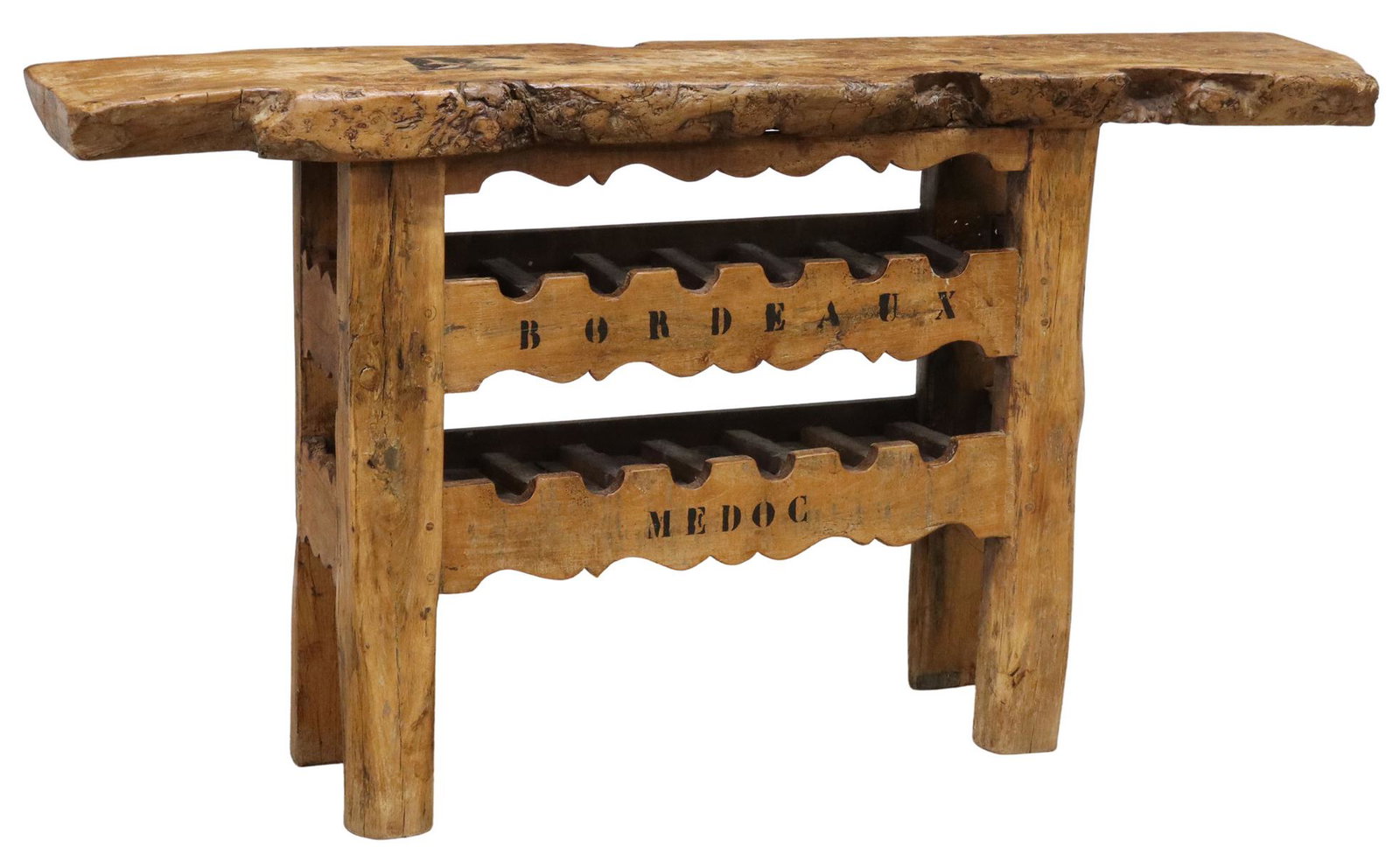 RUSTIC LIVE EDGE WINE BOTTLE STORAGE TABLE: Rustic French console/ wine tasting table, 20th c., live edge single board top, two tiers fitted for horizontal wine bottle storage, rising on rough-hewn board supports, approx 31.75"h, 59"w, 14"d **P