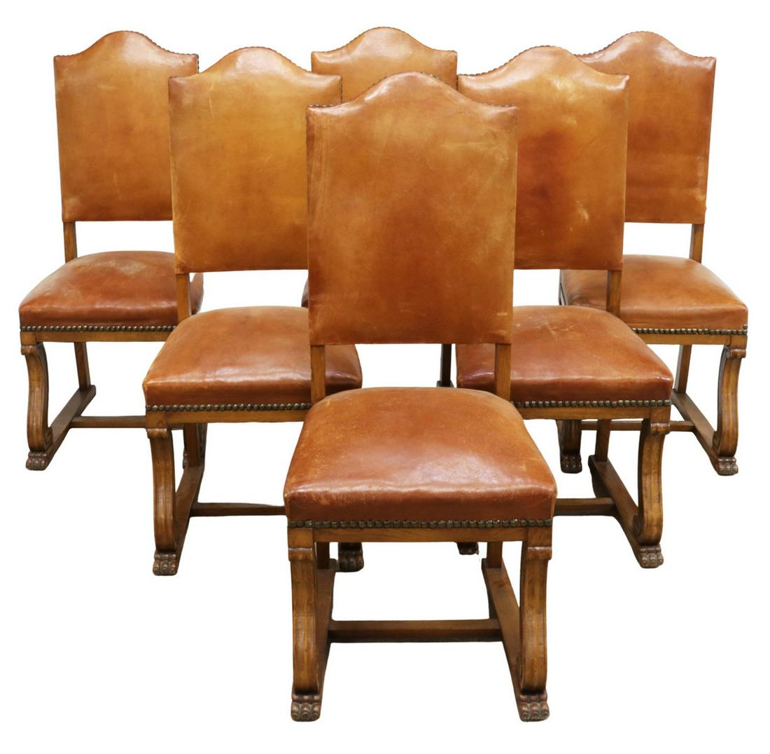 (6) FRENCH LEATHER UPHOLSTERED OAK DINING CHAIRS (1 of 3)
