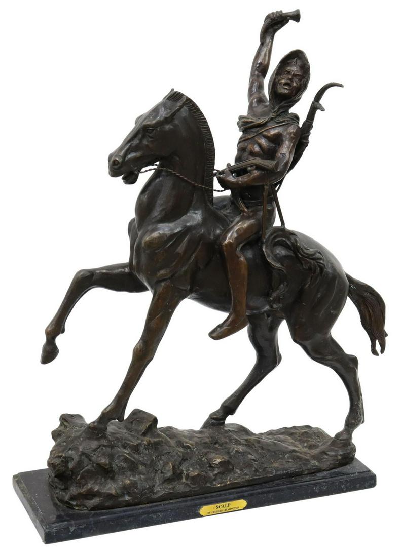 AFTER REMINGTON 'SCALP' WESTERN BRONZE SCULPTURE: Western patinated bronze sculpture, "Scalp," after the original by Frederic Sackrider Remington (American, 1861-1909), on marble base, approx 26"h, 19.25"w, 7.25"d Start Price: $200.00