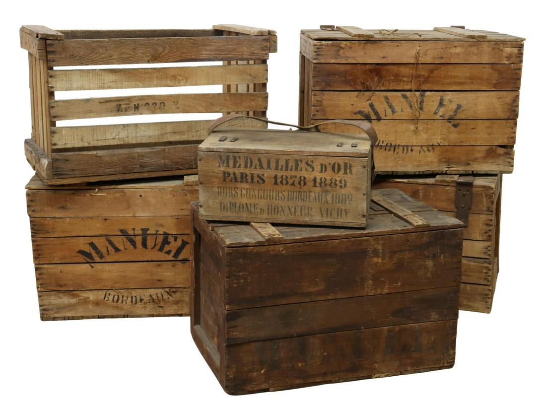(6) FRENCH PINE ADVERTISEMENT WINE CRATES: (lot of 6) French pine wine crates, late 19th/ early 20th c., various sizes, (five) stenciled Manuel Bordeaux, (one) reading "Medailles D'Or Paris, Hors Concours Bordeaux 1889, Diplome d'Honneur Vichy