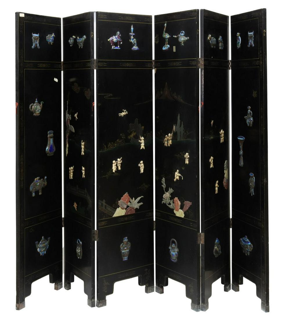 CHINESE 6-PANEL LACQUER SCREEN W/ CLOISONNE & BONE: Chinese six-panel lacquered wood screen with applied cloisonne, water buffalo bone, and stone elements, depicting figures flying kites in garden landscape, rear side of panel decorated with gilt paint
