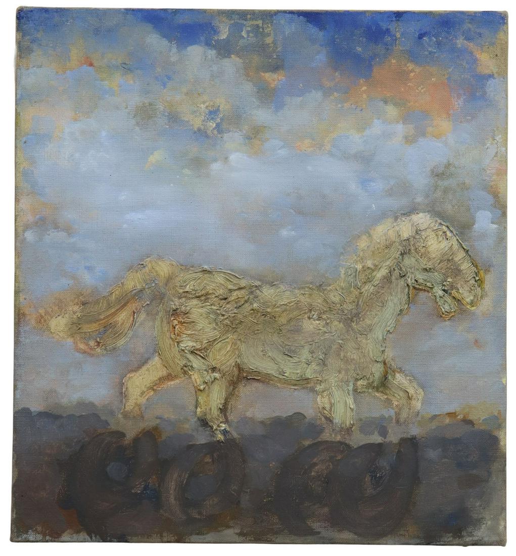 TIM MURPHY OIL PAINTING RUNNING HORSE, 14" X 13": Unframed oil on stretched linen painting, "A Puzzle from the Bronze Age," signed verso Tim Murphy (American, 20th c.), overall: approx 14"h, 13"w, 0.75lbs **Provenance: A fine Santa Fe, New Mexico est