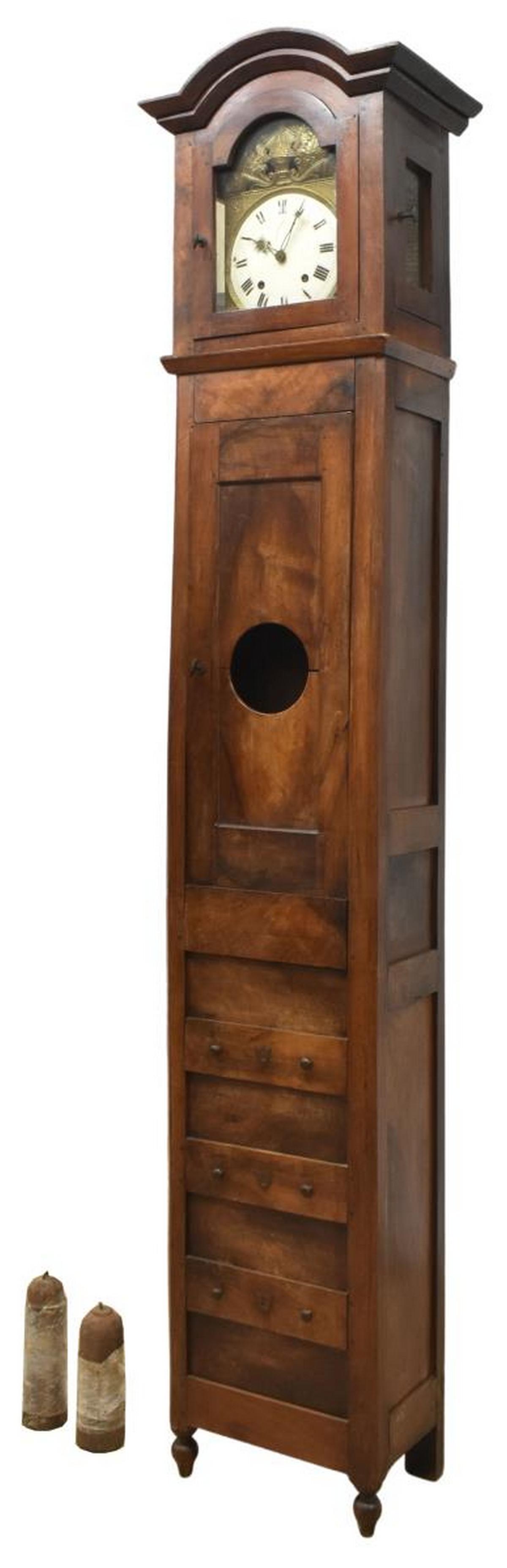 FRENCH MORBIER WALNUT LONG CASE CLOCK, 19TH C. (1 of 5)
