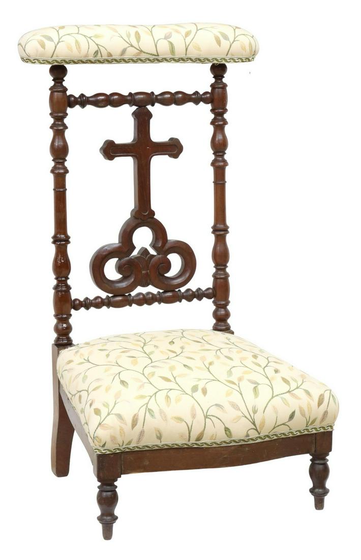 FRENCH CARVED CROSS SPLAT PRIE-DIEU PRAYER KNEELER: French prie-dieu/ prayer kneeler, 19th c., padded top rail and seat in later upholstery, turned stiles centering carved cross splat, rising on turned front legs, approx 35.25"h, 19"w, 18"d Start Price