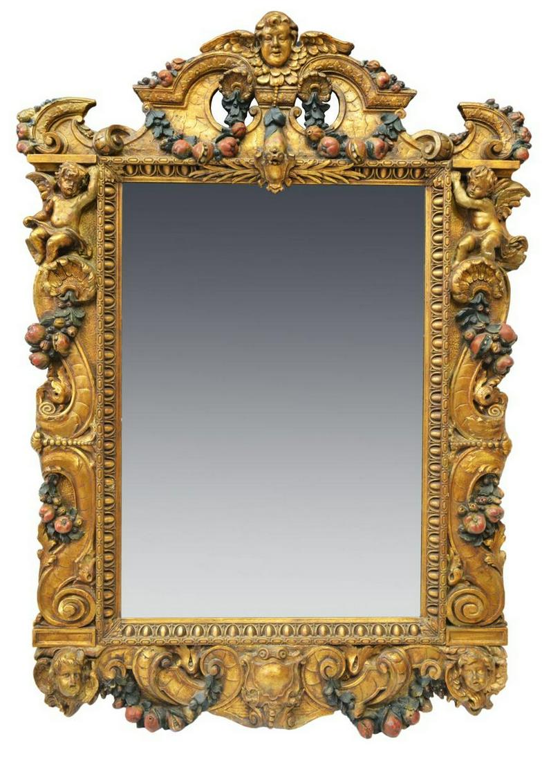 BAROQUE STYLE CARVED & GILT PUTTI WALL MIRROR (1 of 3)