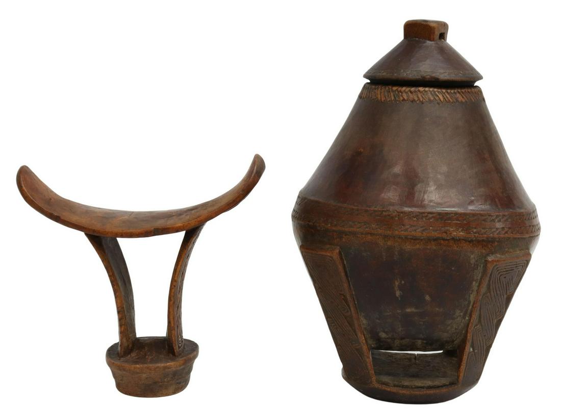 (2) EAST AFRICAN TRIBAL CARVED VESSEL & HEADREST (1 of 3)