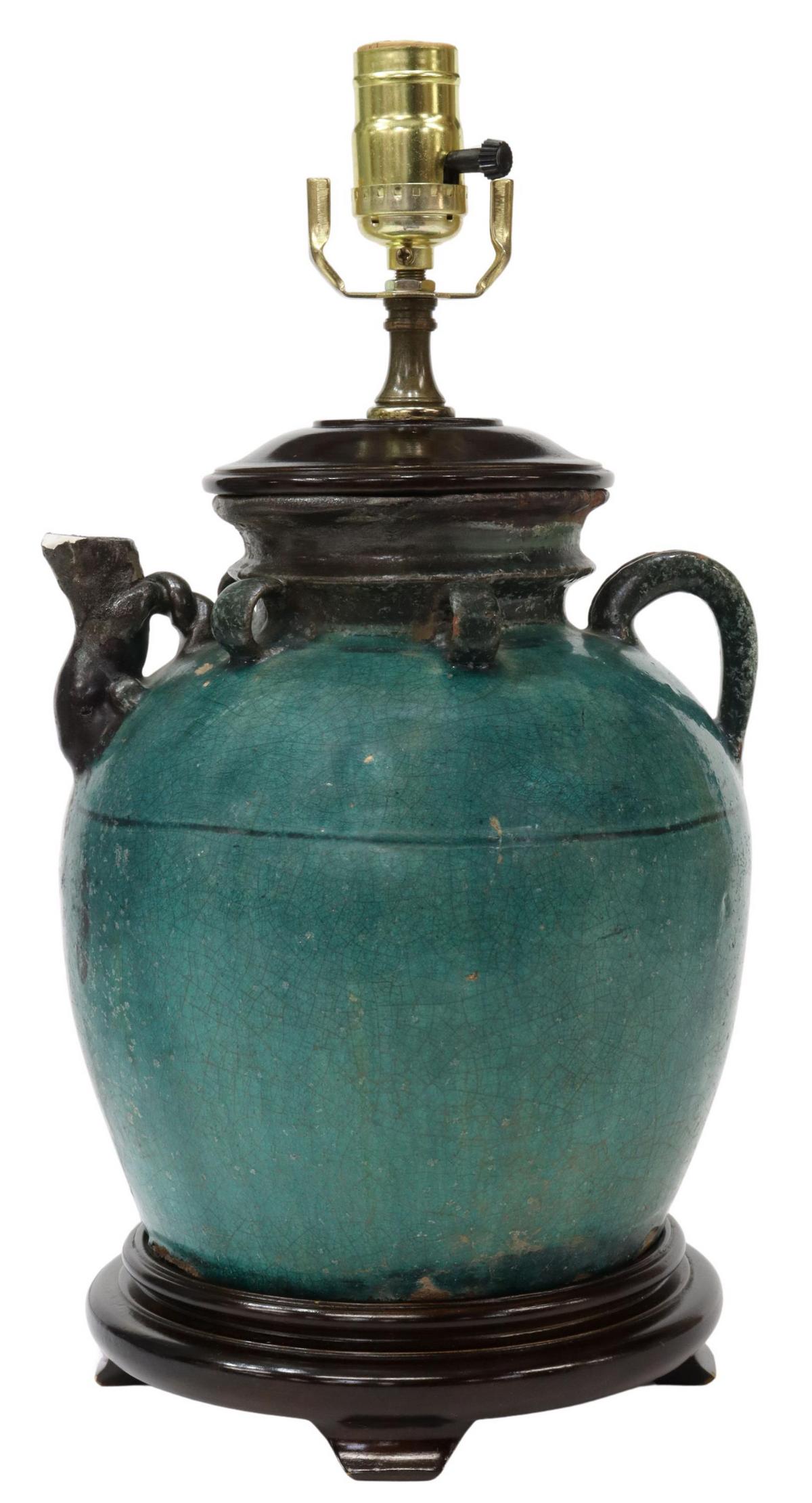 CHINESE GREEN GLAZED POTTERY EWER TABLE LAMP (1 of 3)