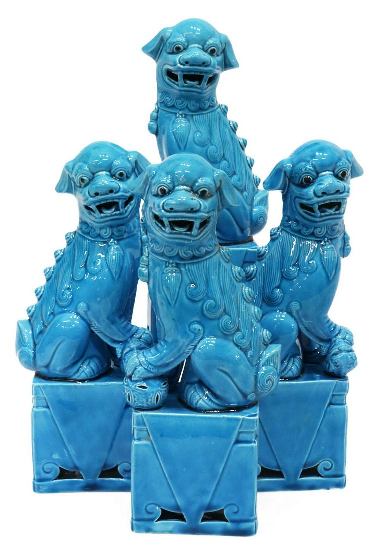 (4) CHINESE PEKING BLUE CERAMIC FOO LION STATUES (1 of 6)