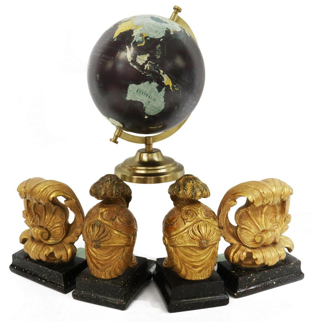 (5) DECORATOR BORGHESE GILT BOOKENDS & DESK GLOBE (1 of 4)