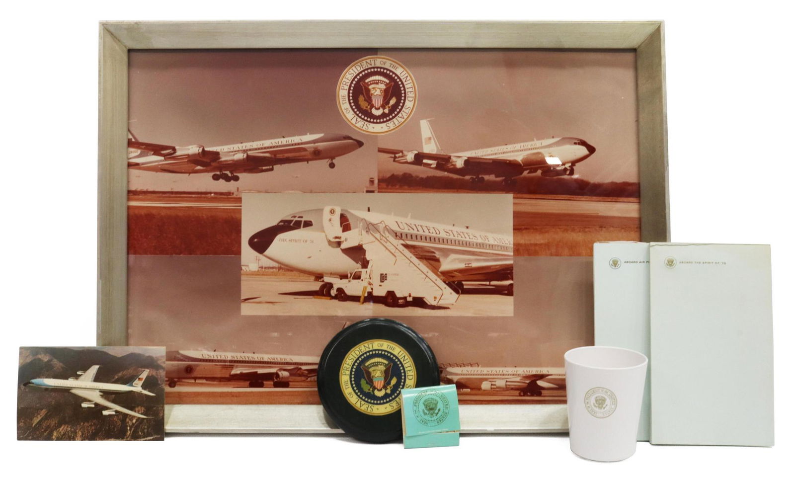 (7) PRESIDENTIAL AIR FORCE & MARINE ONE SOUVENIRS: (lot of 7) Presidential souvenirs, including: (1) white plastic cup from Marine One, with the Seal of the President of the United States, 3.5"h, 3"diam, (1) wall plaque with the Seal of the President