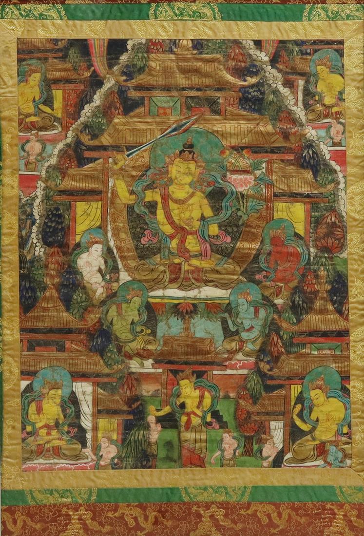 FRAMED TIBETAN BUDDHIST MANJUSHRI THANGKA (1 of 3)