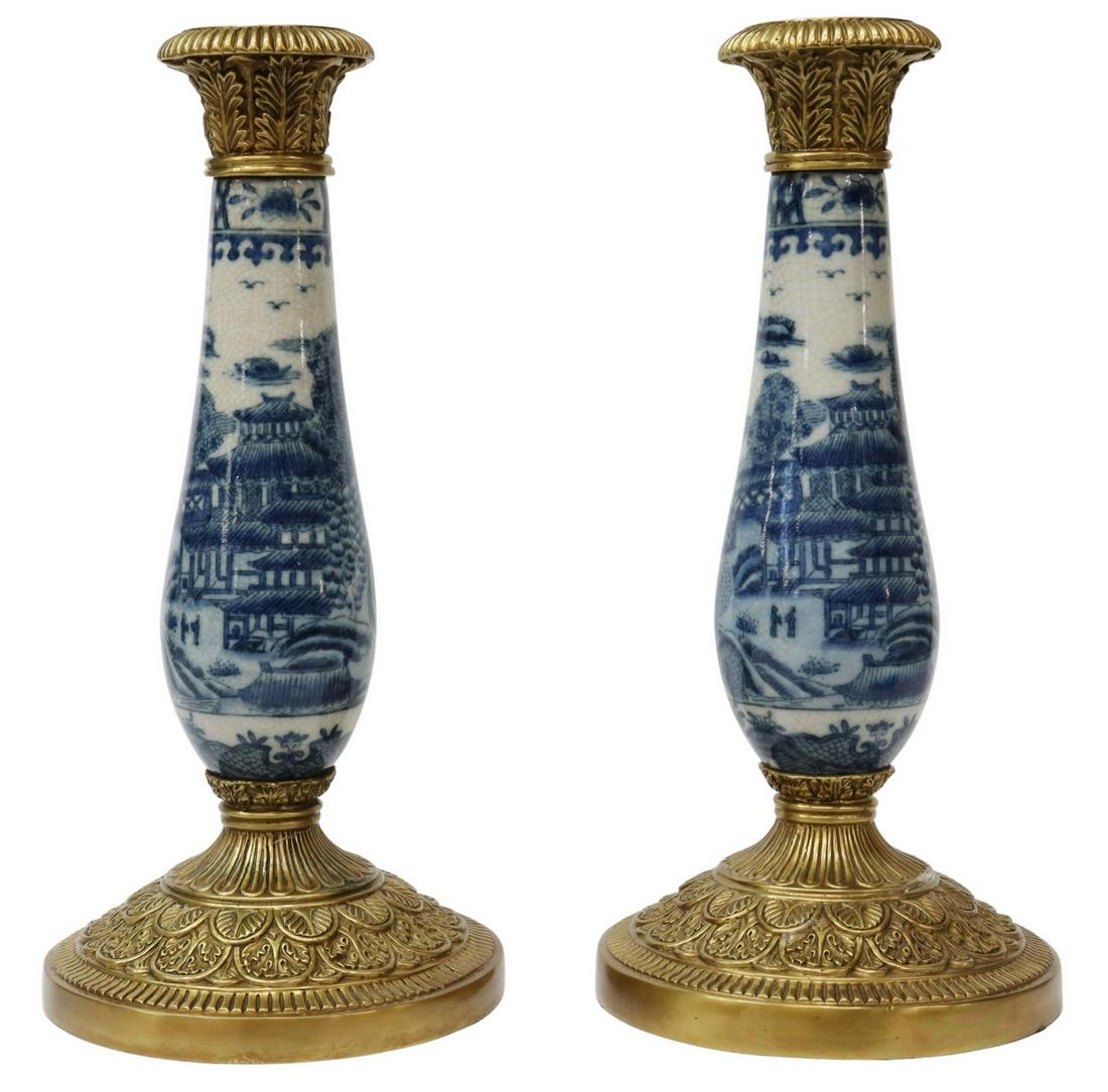 (2) DECORATIVE BLUE & WHITE PORCELAIN CANDLESTICKS (1 of 3)