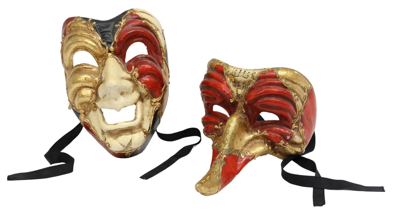 (2) VENETIAN KARTARUGA PAPIER-MACHE CARNIVAL MASKS: (lot of 2) Venetian papier-mache carnival masks, including: (1) Kartaruga mask, with long beak nose, (1) commedia dell'arte mask; 0.5lbs total **Provenance: A Sarasota, Florida estate** Start Price: $