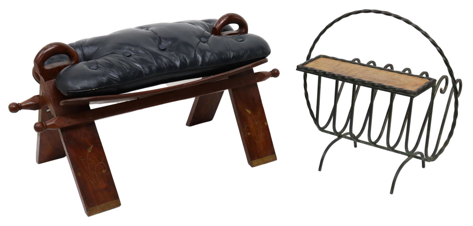 (2) CAMEL SADDLE STOOL & IRON MAGAZINE RACK (1 of 3)