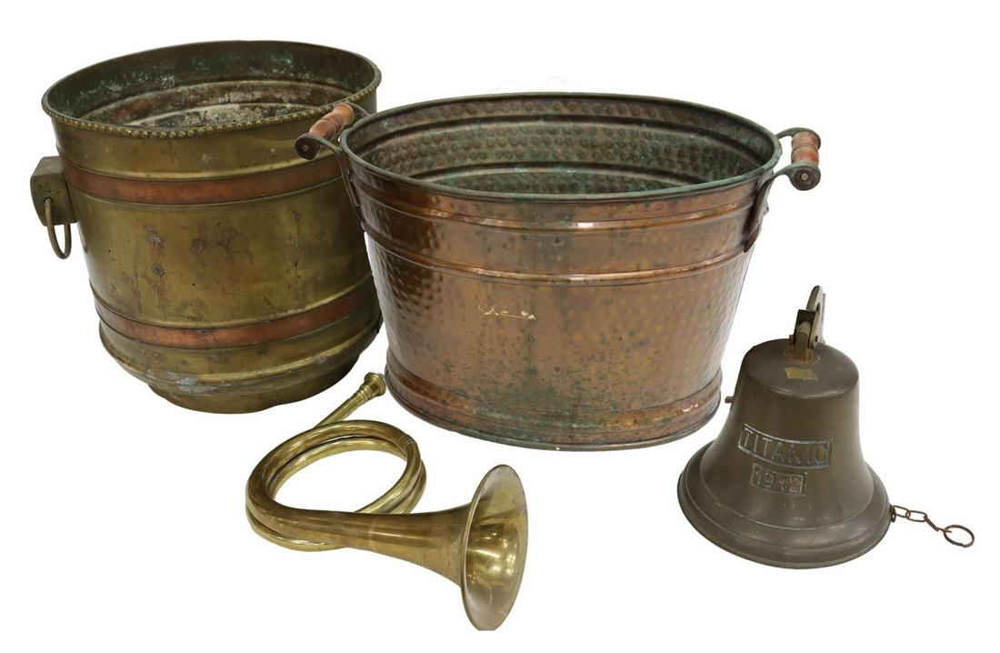 (4) DECORATIVE ITEMS: BRASS HORN, BUCKETS, BELL (1 of 2)