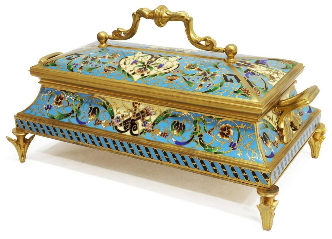 FINE FRENCH CHAMPLEVE ENAMEL BRONZE DORE CASKET (1 of 4)