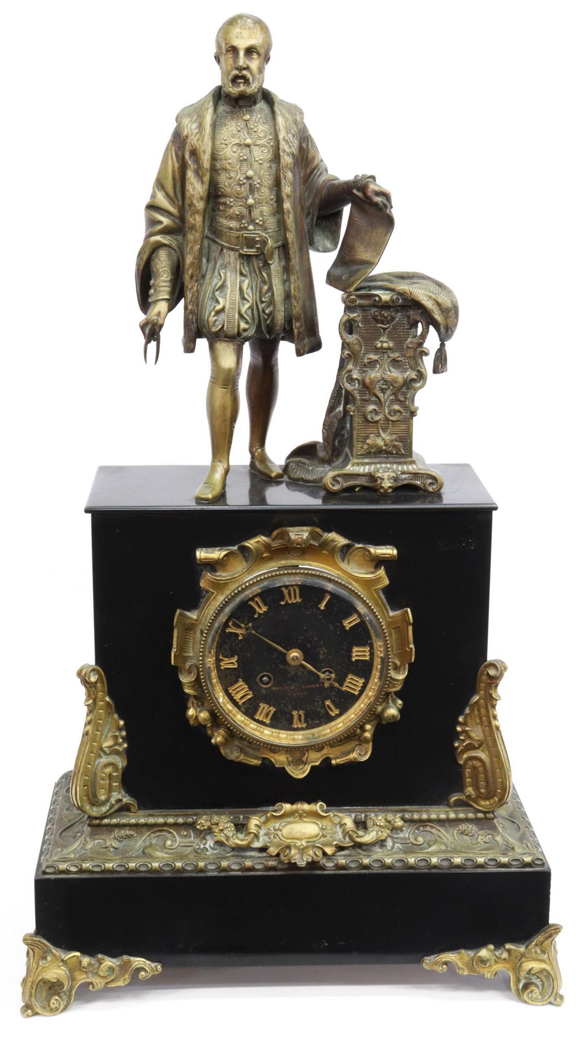 FRENCH FIGURAL SCHOLAR STONE MANTEL CLOCK (1 of 5)