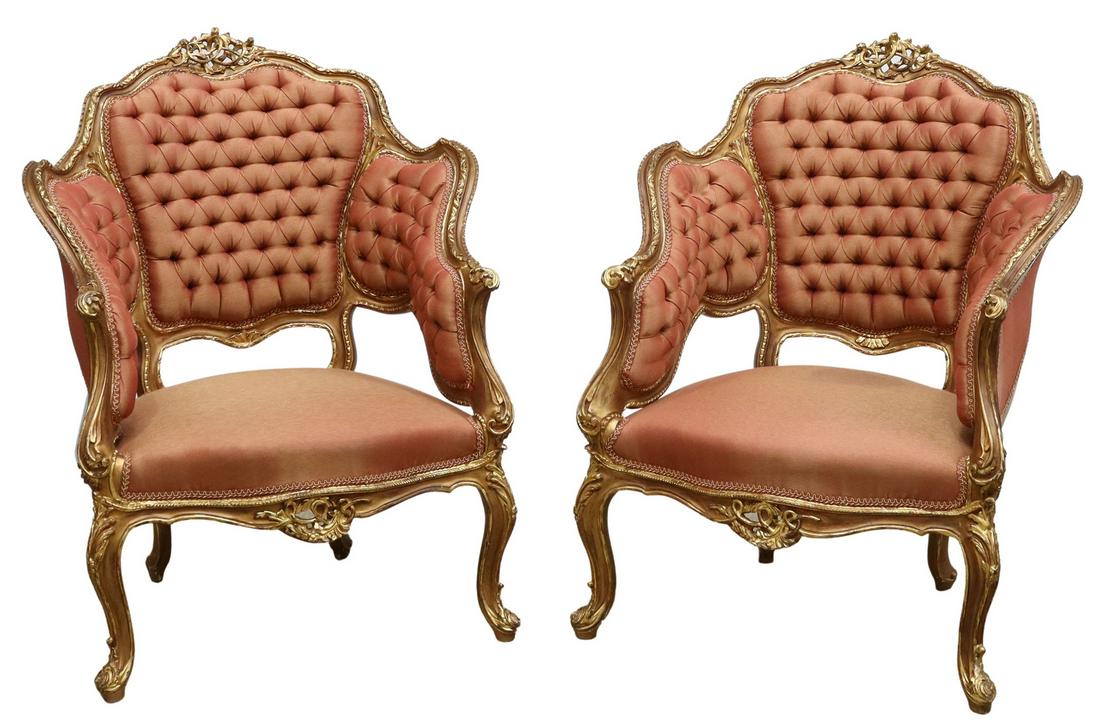 (2) LOUIS XV STYLE GILTWOOD TUFTED BERGERES (1 of 3)