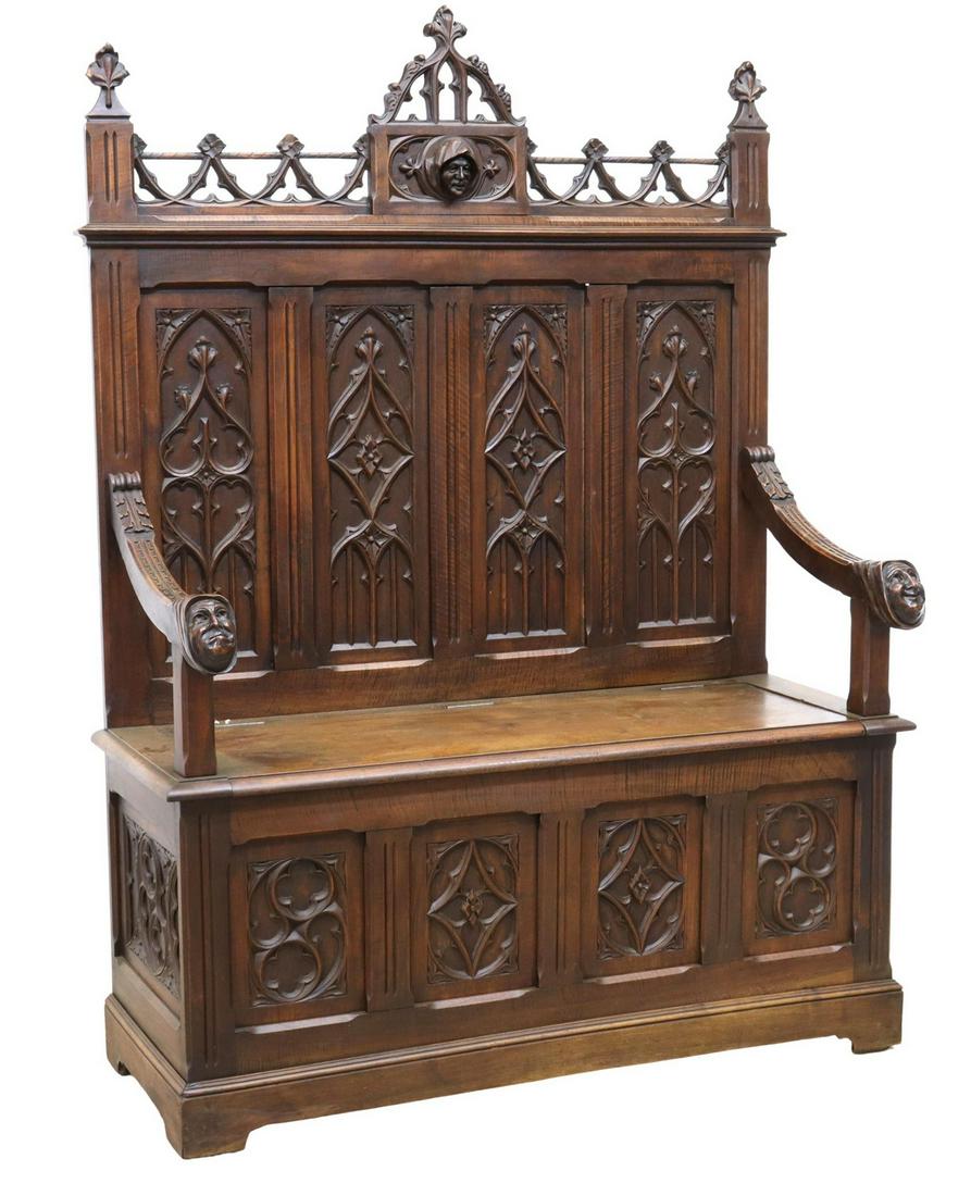 FRENCH GOTHIC REVIVAL CARVED HALL BENCH, 19TH C. (1 of 7)