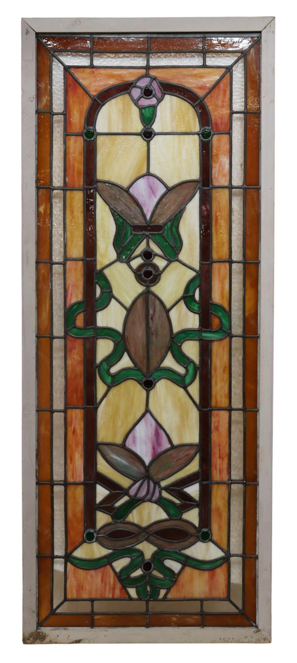 LARGE FRAMED LEADED & STAINED GLASS WINDOW (1 of 2)