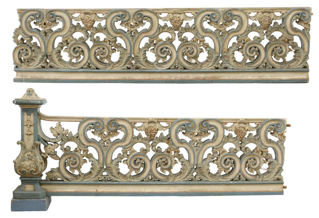 ITALIAN CARVED & PAINTED ARCHITECTURAL BANISTER: Italian caved and painted architectural banister/ balustrade, early 20th c., in two sections, carved with scrolling foliates, clusters of grapes, polychrome painted, (one) section with end post, (one)