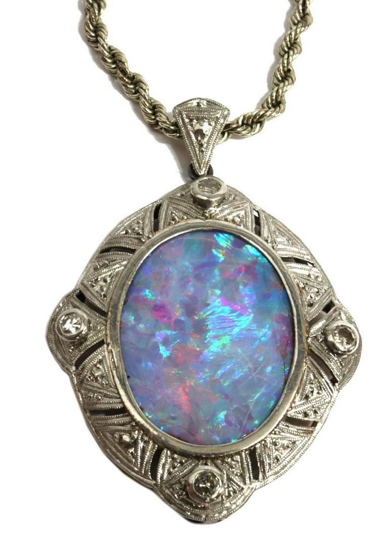 ESTATE 18K GOLD BLACK OPAL DOUBLET PENDANT & CHAIN (1 of 4)