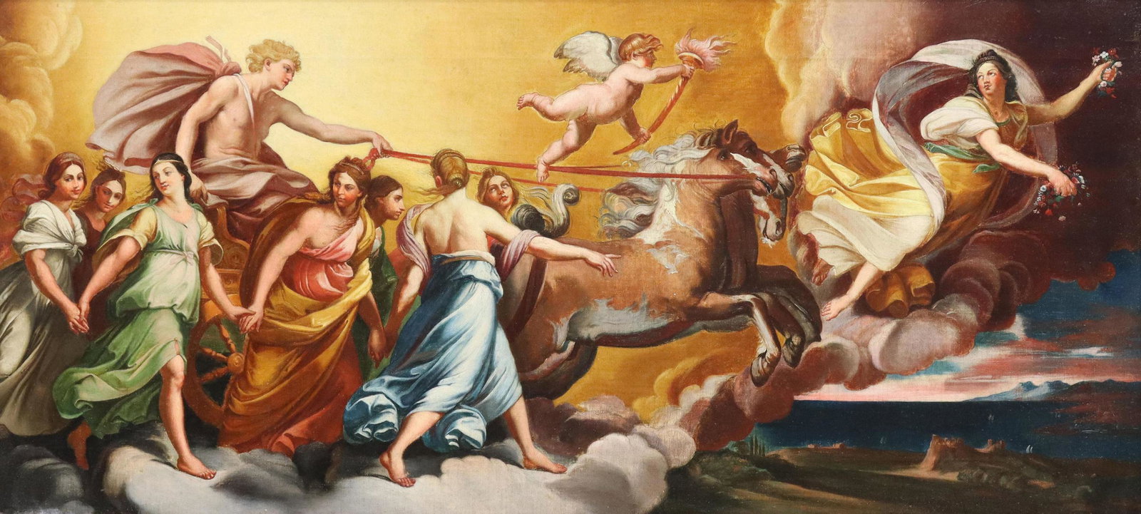 AFTER GUIDO RENI PAINTING AURORA APOLLO'S CHARIOT: Framed oil on canvas painting, Aurora Leads The Chariot of Apollo, unsigned, after the ceiling fresco in the Casino Rospigliosi by Guido Reni (Italian, 1575-1642), conservation work by Colin Post, sig