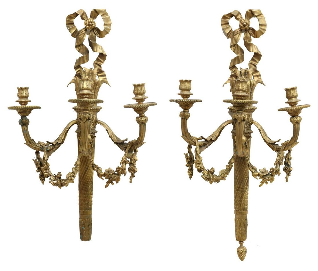 (2) LOUIS XVI STYLE BRONZE DORE CANDLE SCONCES (1 of 1)
