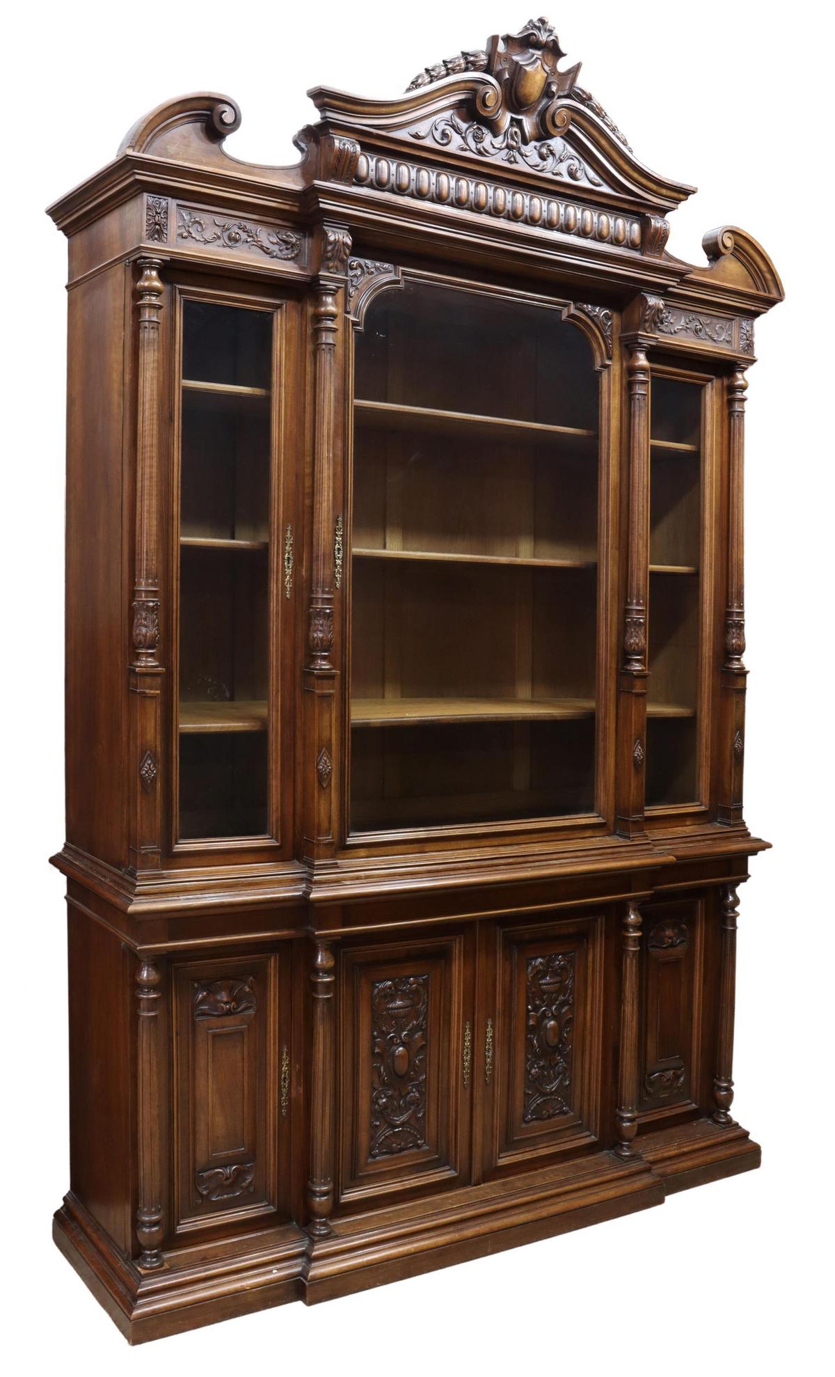 FRENCH HENRI II STYLE WALNUT BREAKFRONT BOOKCASE (1 of 4)