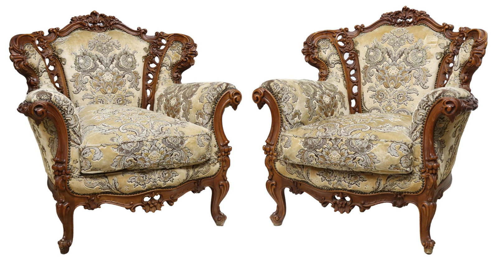 (2) ITALIAN LOUIS XV STYLE UPHOLSTERED ARMCHAIRS: (pair) Italian Louis XV style armchairs, early 20th c., having foliate carved fruitwood frame, velvet upholstery, nailhead trim, loose seat cushion, rising on short cabriole legs, ending in whorl feet