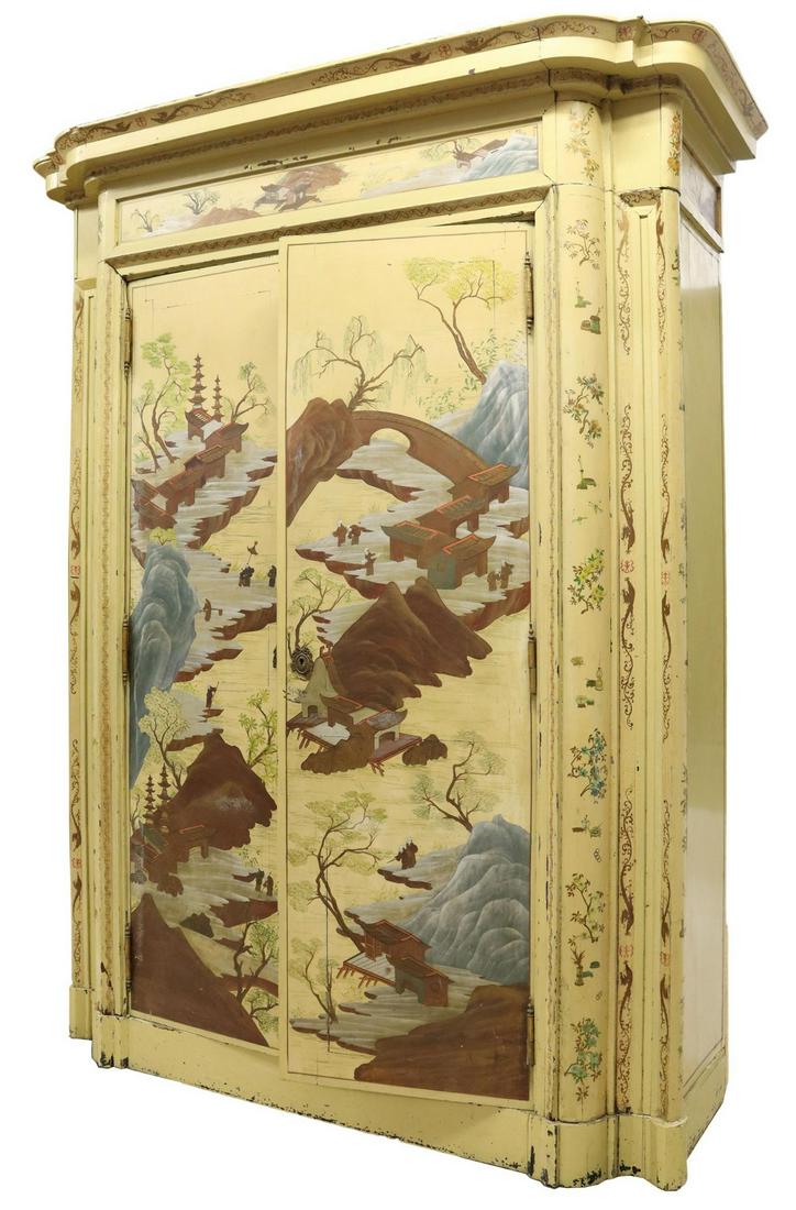 MONUMENTAL PAINTED CHINOISERIE ARMOIRE: Monumental painted Chinoiserie armoire, 19th c., having shaped cornice top, running ornamentation with foliate and dragon motifs, frieze panels and cabinet doors depicting landscape scenes, rising on 