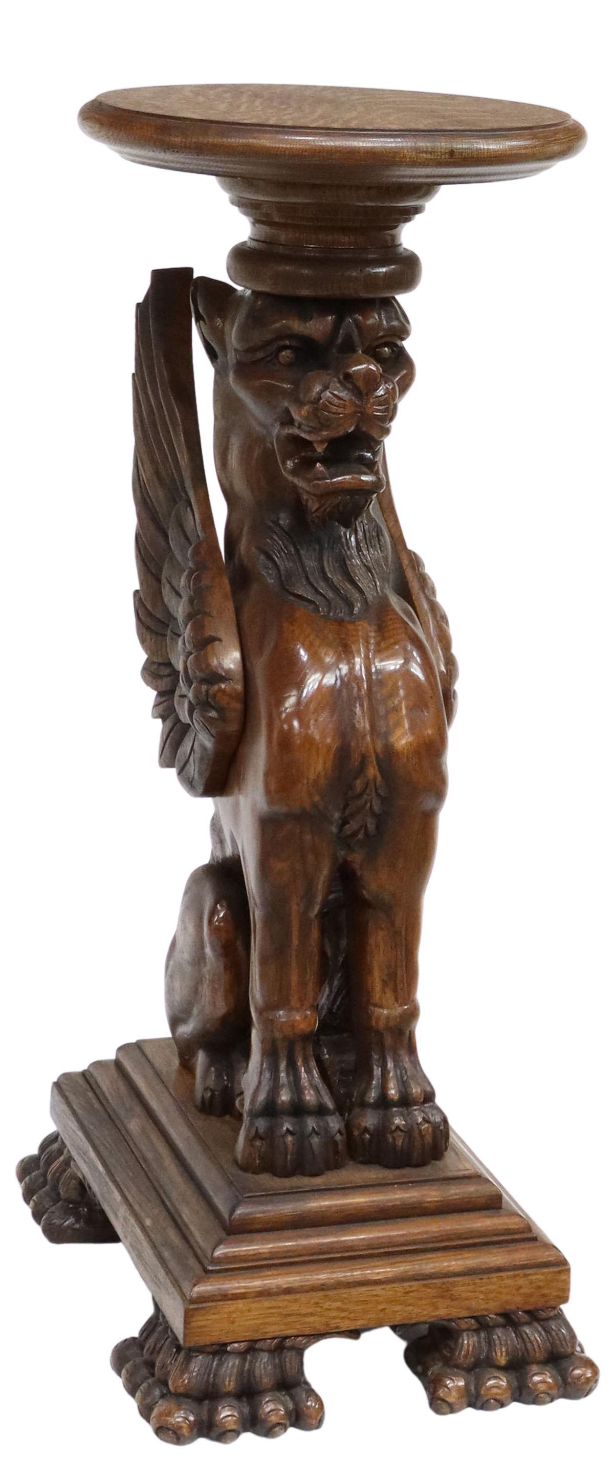 CARVED OAK SEATED GRIFFIN PEDESTAL PLANT STAND (1 of 5)