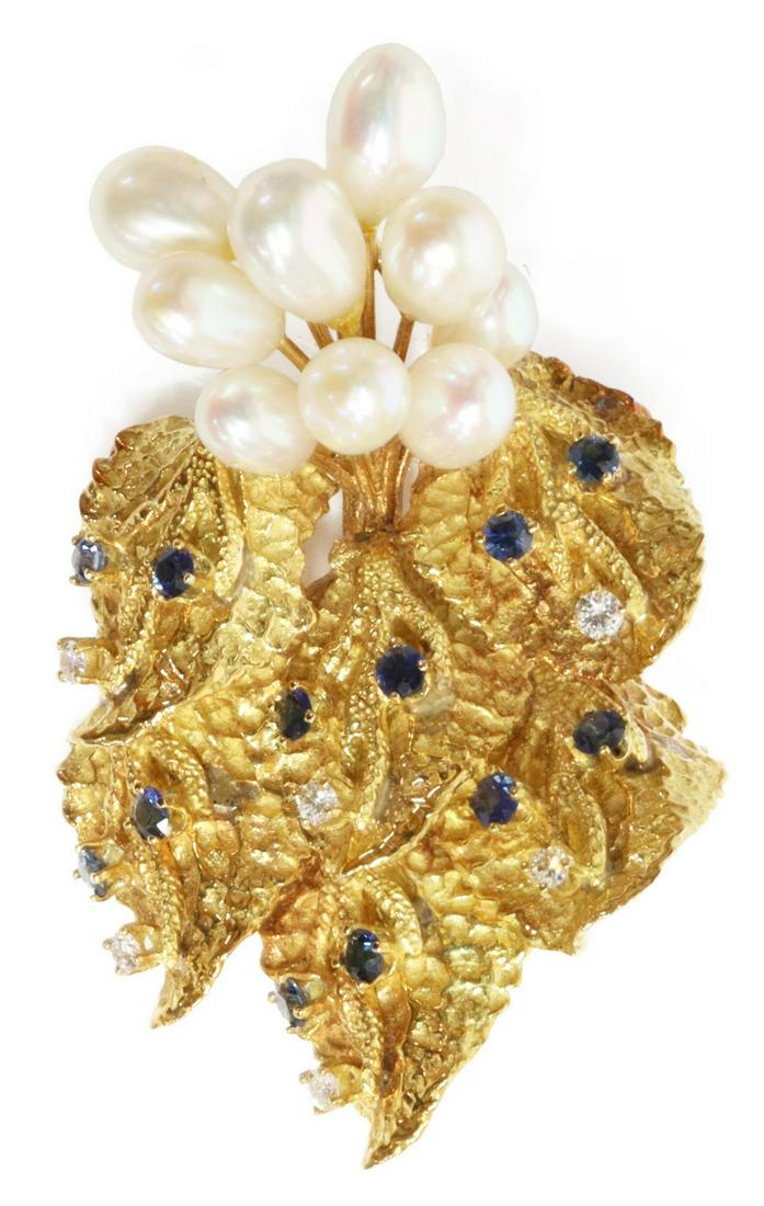 ESTATE 18K GOLD PEARL SAPPHIRE DIAMOND BROOCH (1 of 3)