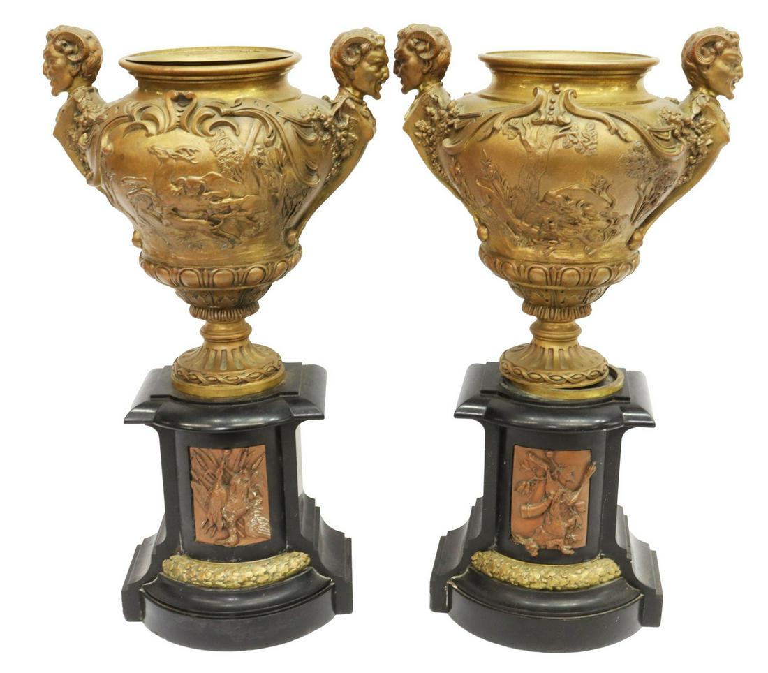 (2) NEOCLASSICAL BRONZE & MARBLE SATYR HEAD URNS (1 of 5)