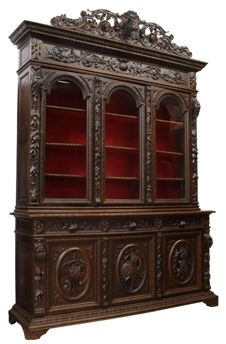 SPECTACULAR FRENCH CARVED OAK HUNT BOOKCASE 114"H (1 of 4)