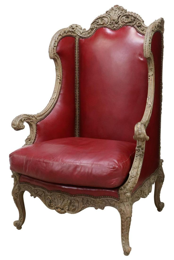 LOUIS XV STYLE RED LEATHER WINGBACK BERGERE (1 of 3)