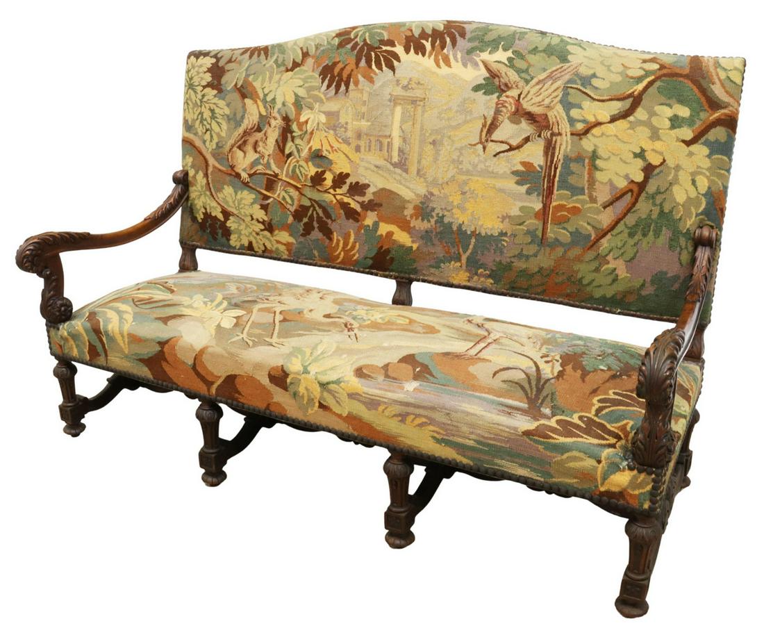FRENCH LOUIS XIV STYLE TAPESTRY SALON SETTEE (1 of 3)