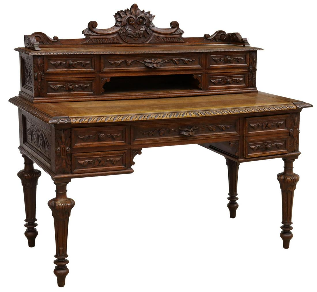 FRENCH HENRI II STYLE CARVED OAK WRITING DESK (1 of 6)
