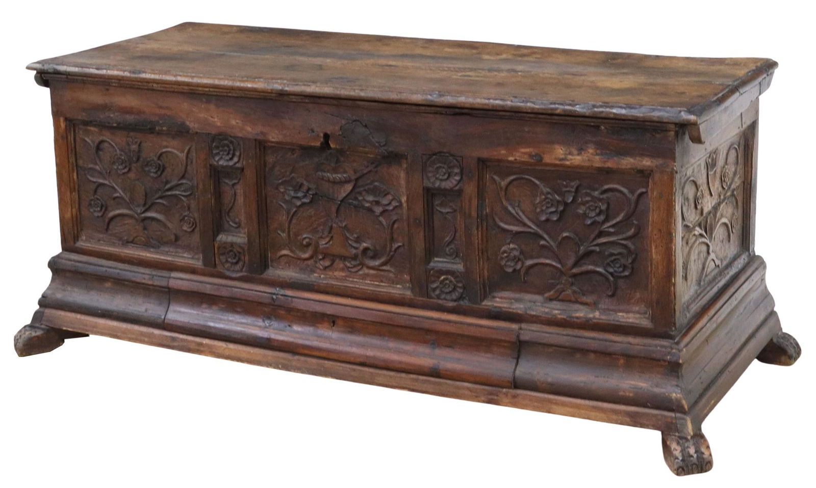 FRENCH CARVED WALNUT STORAGE CHEST, 18TH C. (1 of 5)