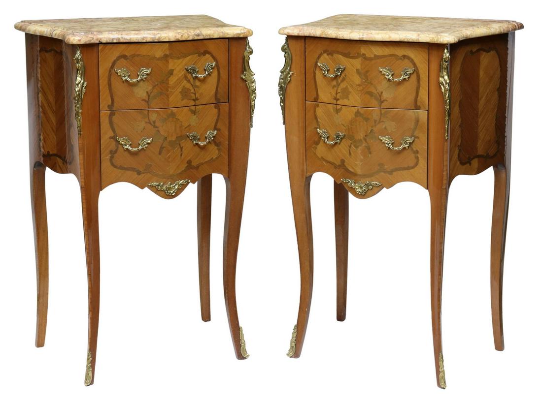 (2) FRENCH LOUIS XV STYLE MARBLE-TOP NIGHTSTANDS: (pair) French Louis XV style marble-top nightstands, 20th c., having shaped marble top, over matched veneer case, fitted with two marquetry drawers, foliate gilt metal mounts, rising on cabriole legs,