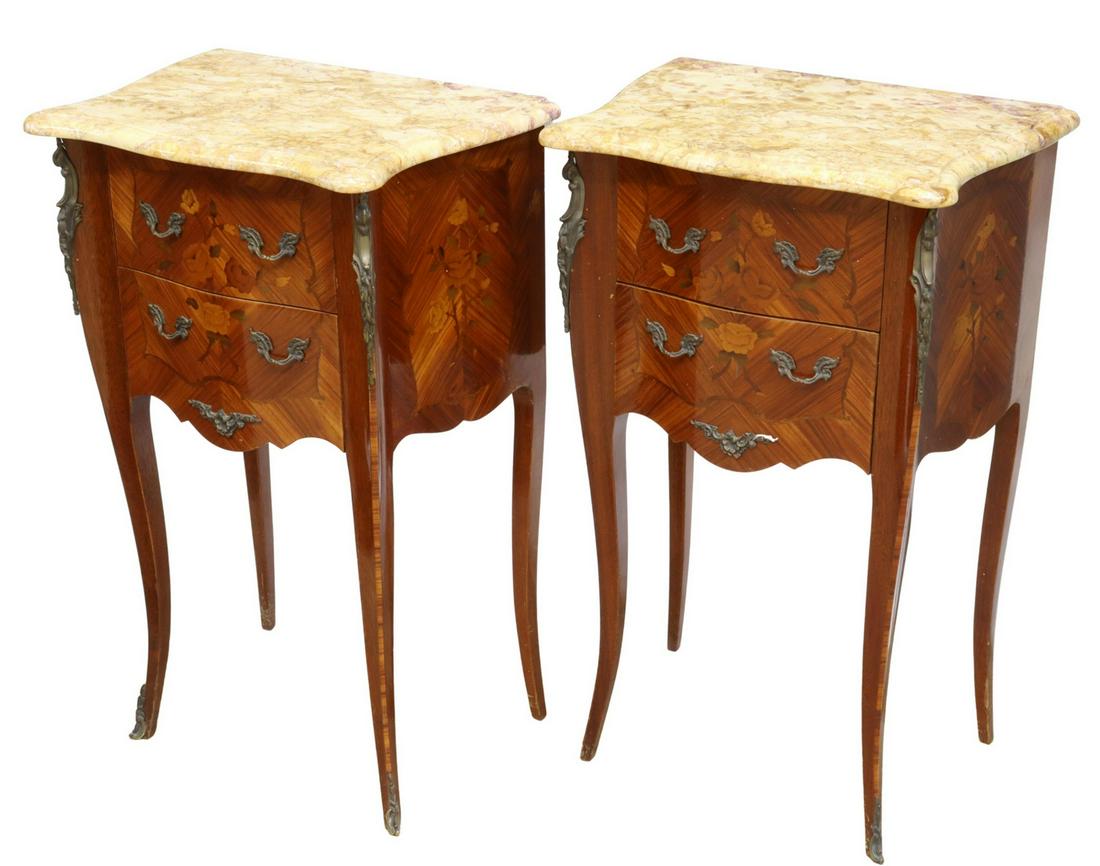 (2) FRENCH LOUIS XV STYLE MARBLE-TOP NIGHTSTANDS: (pair) French Louis XV style marble-top marquetry nightstands, early 20th c., each having shaped marble top, over matched veneer case fitted with two drawers, foliate metal mounts, cabriole legs, endi