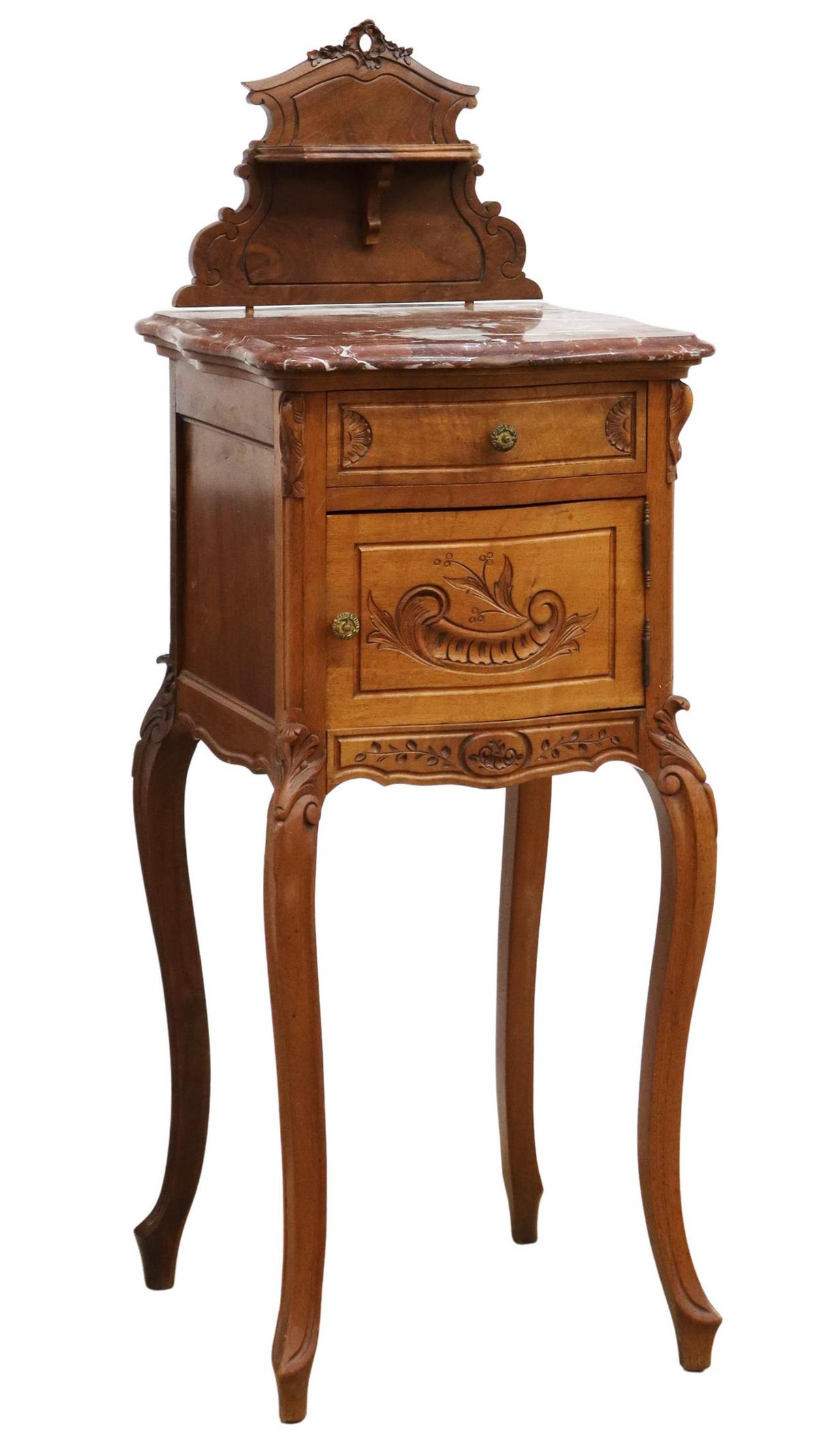 LOUIS XV STYLE MARBLE-TOP WALNUT BEDSIDE CABINET (1 of 5)