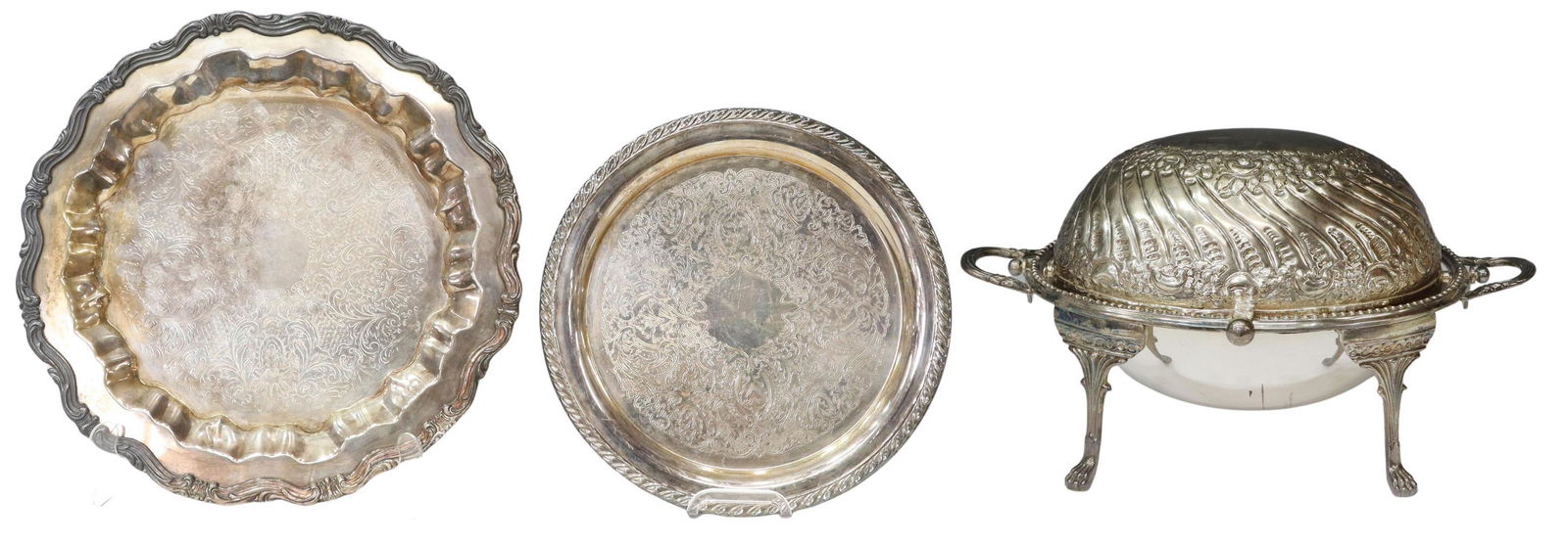 (3) SILVER PLATE ENTREE CHAFING DISH & ROUND TRAYS (1 of 3)