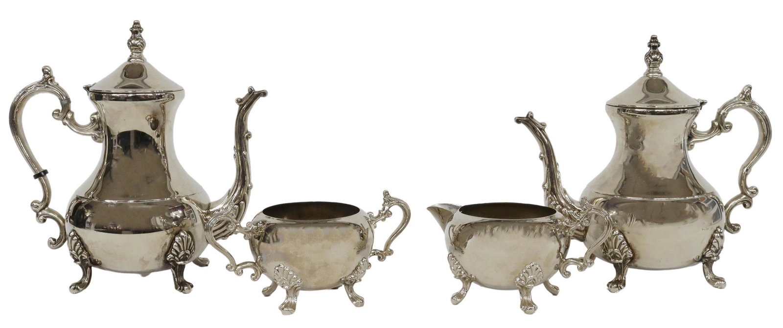 (4) SILVER PLATE TEA & COFFEE SERVICE: (lot of 4) Silver plate tea and coffee service, including: (1) coffee pot, approx 10.5"h, (1) teapot, approx 9.75"h, (1) creamer, approx 4"h, (1) open sugar bowl, approx 4"h; 8.25lbs total (for shippi