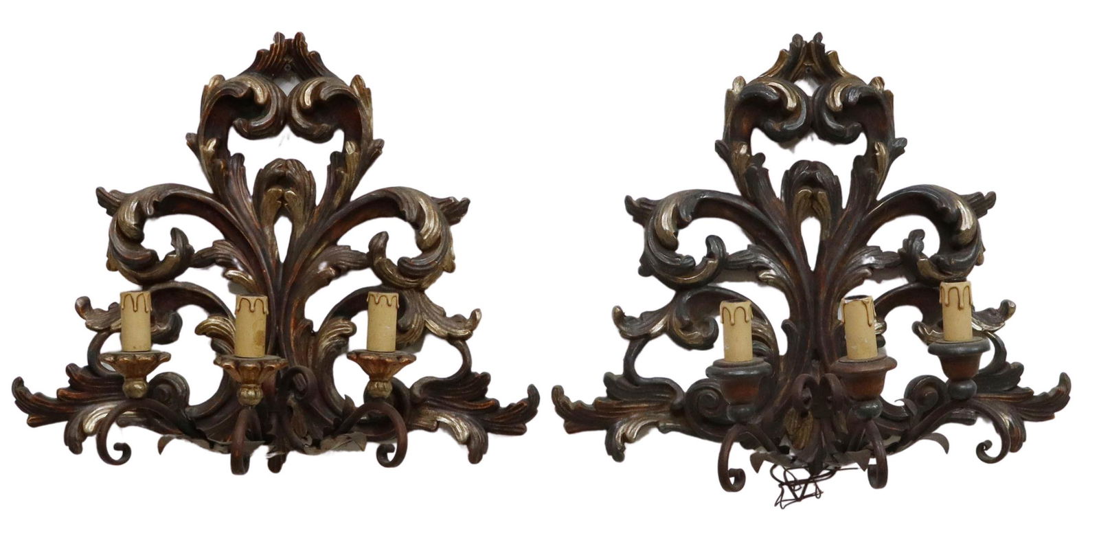 (2) ITALIAN CARVED WOOD THREE-LIGHT WALL SCONCES (1 of 1)