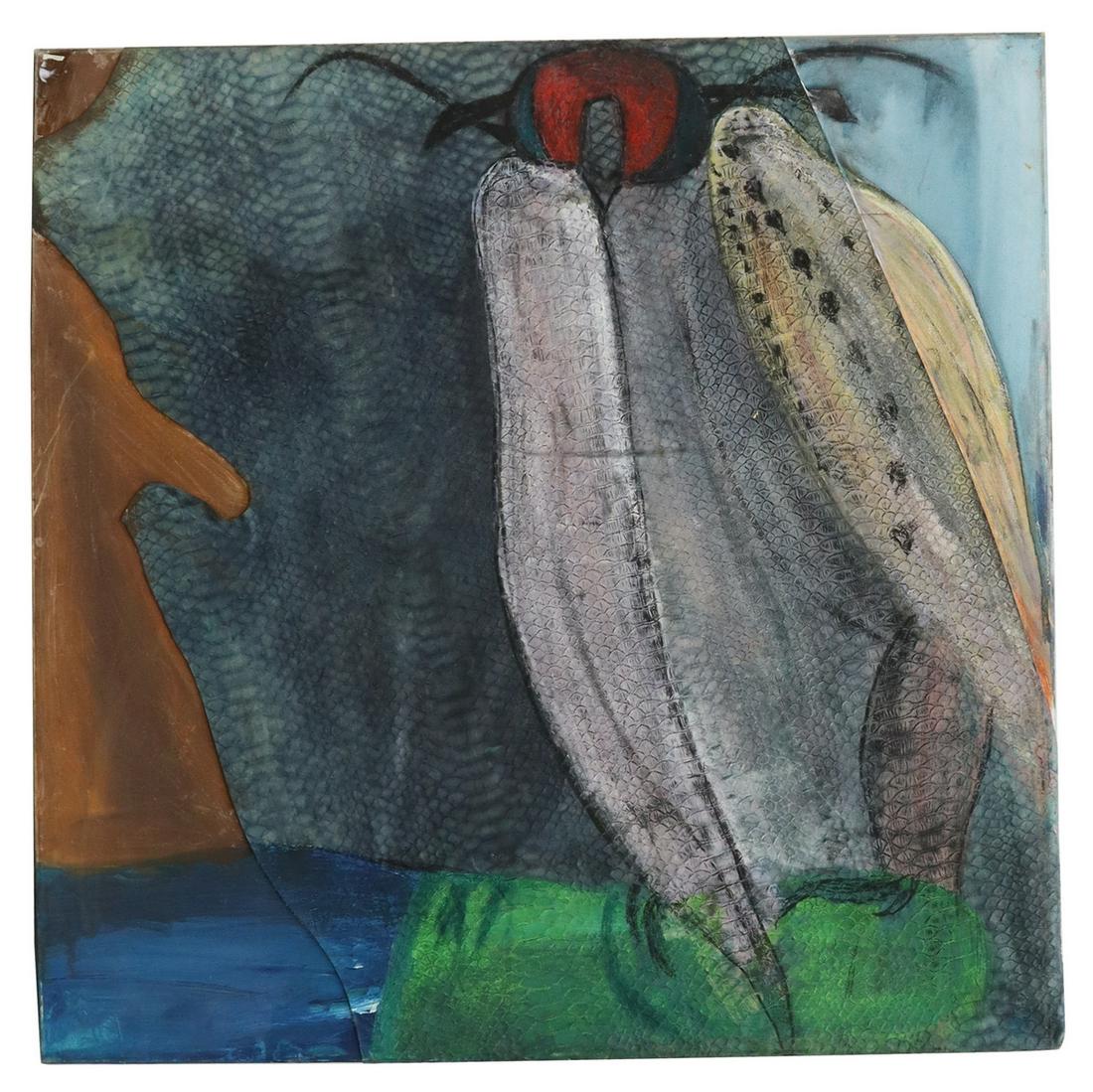 MIXED MEDIA PAINTING HOODED FALCON, 39.5" X 39.25": Unframed acrylic painting on stretched canvas and embossed leather, Hooded Falcon, unsigned, tear in canvas, approx 39.5"h, 39.25"w Start Price: $80.00