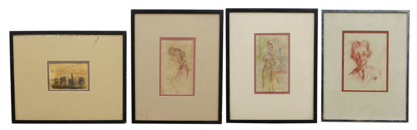 (4) JULIAN RITTER (1909-2000) WATERCOLOR SKETCHES: (lot of 4) Framed watercolor and chalk sketches on paper, signed Julian (Julian Ritter, German-American, 1909-2000), dated 1935, including portraits, female nude, carriage/ steam engine, largest - sig